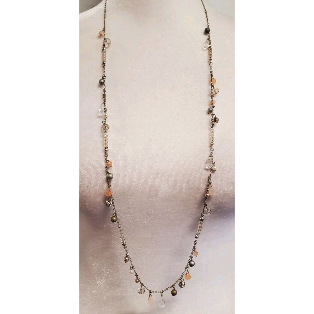 Loft Floating Beaded Rhinestone Delicate Long Silvertone Necklace